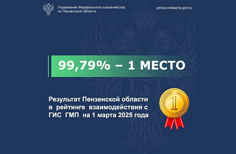 Пензенская область заняла 1 место в рейтинге взаимодействия с ГИС ГМП по итогам февраля